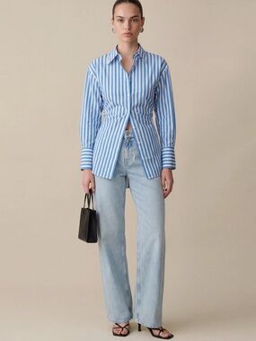 CAARA Natasha Top Blue Stripe Open Back Tie Waist Button Up Shirt Size 4